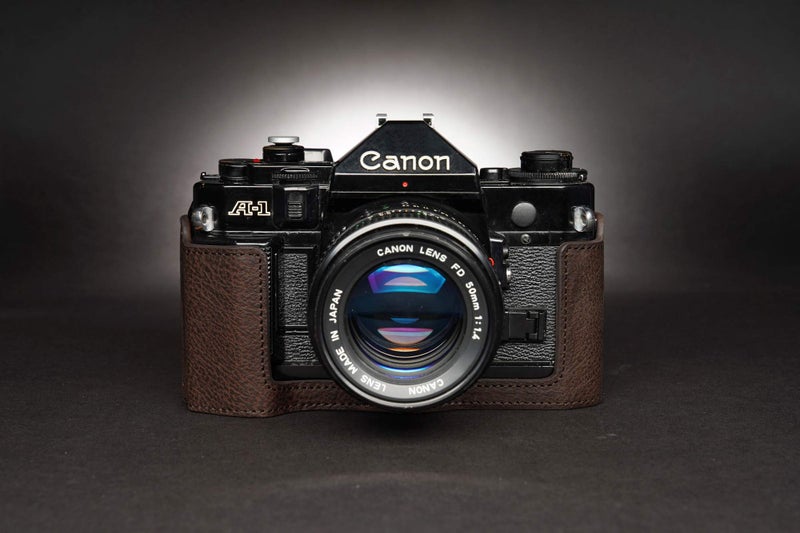 BolinUS A-1 Case, BolinUS Handmade Genuine Real Leather Half Camera Case Bag Cover for Canon New AE-1 AE-1P A-1 (with Handle) Camera with Hand Strap (Coffee) - Image 5